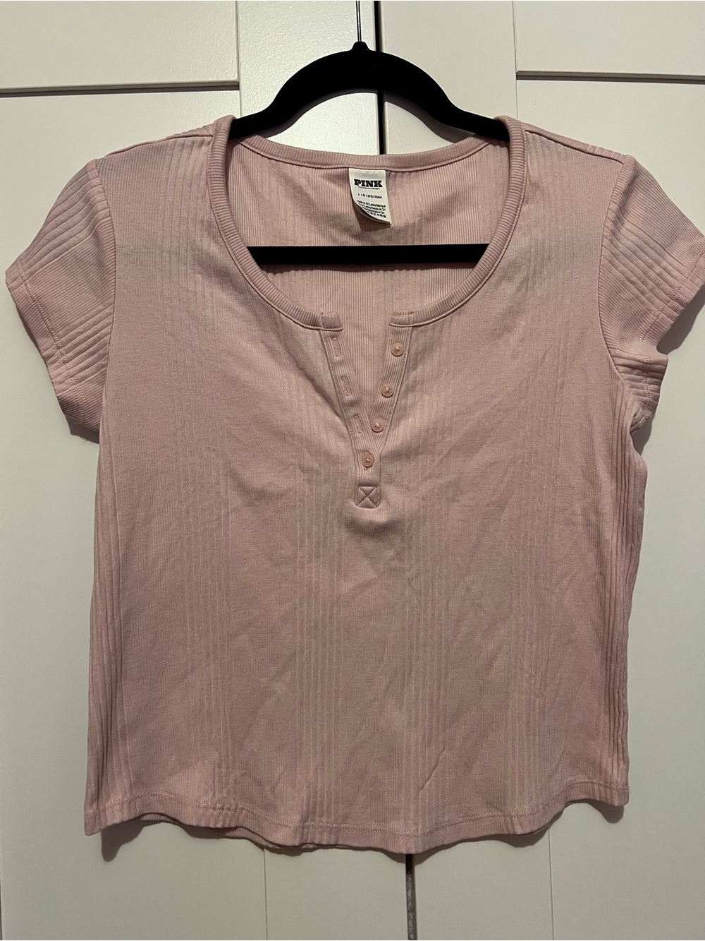 PINK Victoria's Secret Blush Ribbed Henley Short Sleeve Top